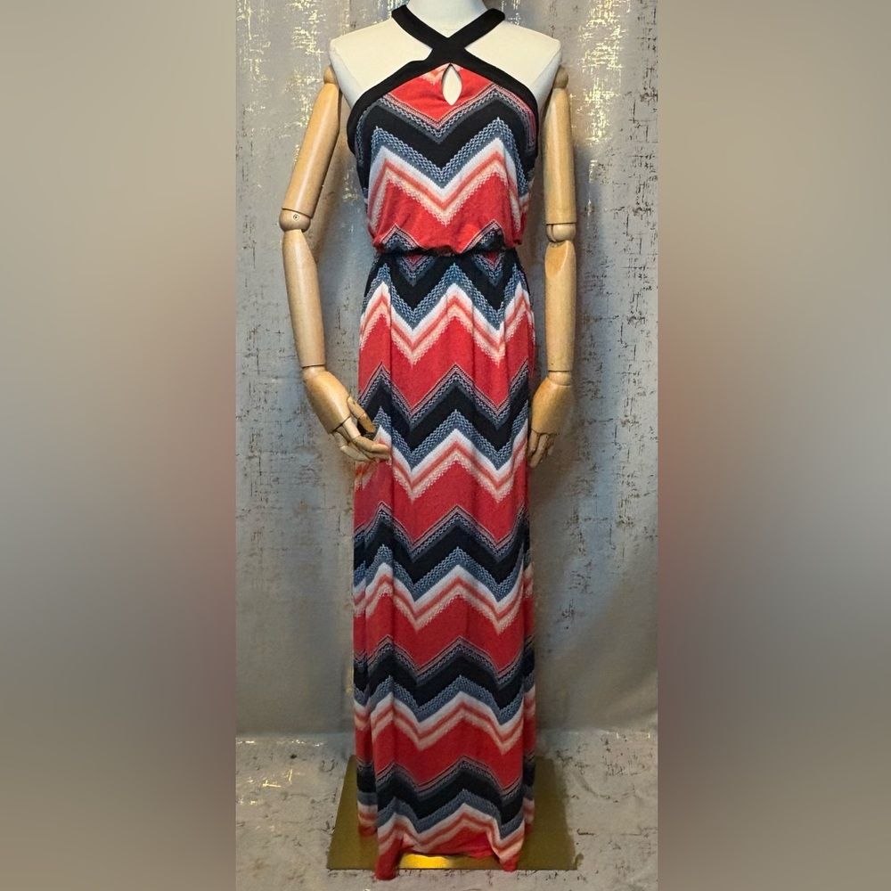 Trixxi Navy Blue, Hot Pink, and White Chevron Maxi Dress